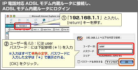 IP電話対応ADSLモデム内蔵ルータに接続し、ADSLモデム内蔵ルータにログイン