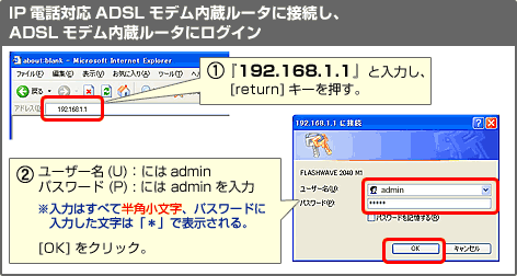IP電話対応ADSLモデム内蔵ルータに接続し、ADSLモデム内蔵ルータにログイン